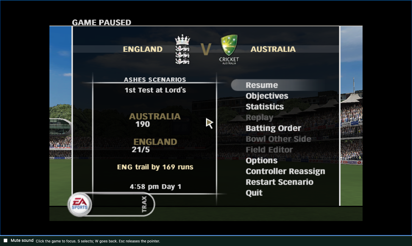 First England Ashes scenario pause menu showing Objectives and Restart Scenario, with no Autoplay item